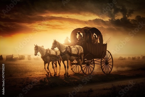 A horse and wagon on a trail in the old West. Cowboy movie.  photo