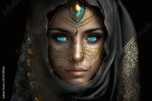 Portrait of a beautiful cultural identity of Muslim Women in traditional costume and elegant headscarves and veils, Muslim beauty of Arabic and Islamic fashion - AI generative