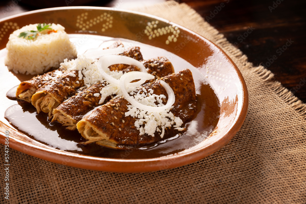 Chicken enmoladas. Also known as mole poblano enchiladas, they are a typical Mexican dish that is very popular in Mexico and the rest of the world. Chicken enmoladas. Also known as mole poblano enchiladas, they are a typical Mexican dish that is very popular in Mexico and the rest of the world.