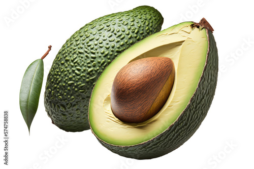 Cut Half Avocado, Full Avocado, and a Leaf. Isolated.