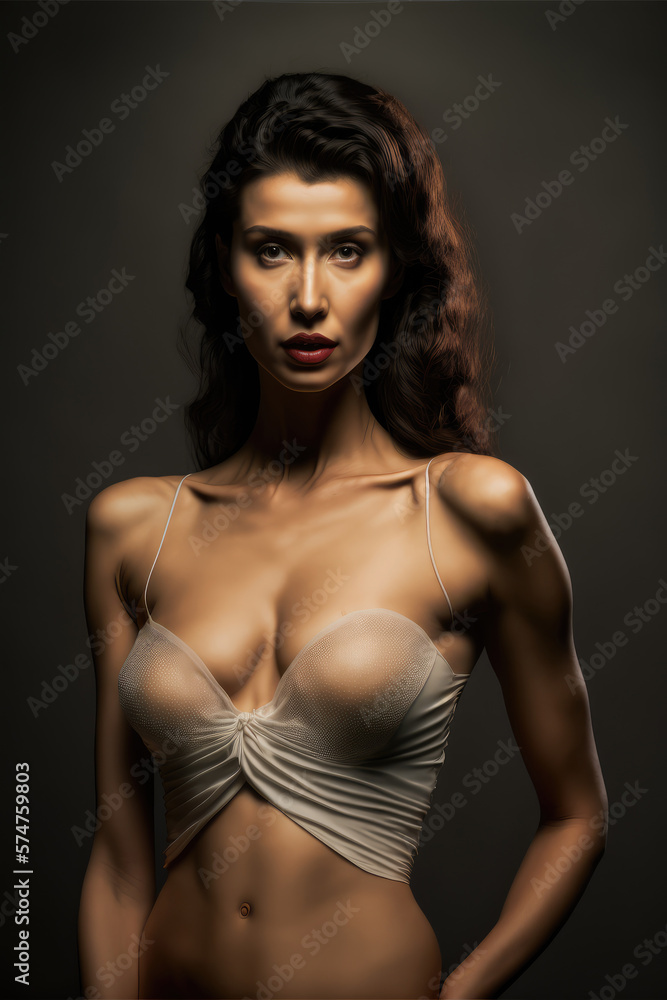 A young adult woman with brown hair styled in a unique portrait pose, wearing sexy lingerie, looking directly into the camera against a dark studio backdrop. Generative AI A young adult woman with brown hair styled in a unique portrait pose, wearing sexy lingerie, looking directly into the camera against a dark studio backdrop. Generative AI
