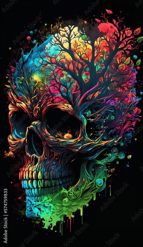 Unleash your creativity with the vivid and vibrant image of this psychedelic skull. A masterpiece of color and design, with intricate details that will inspire you to create something new.