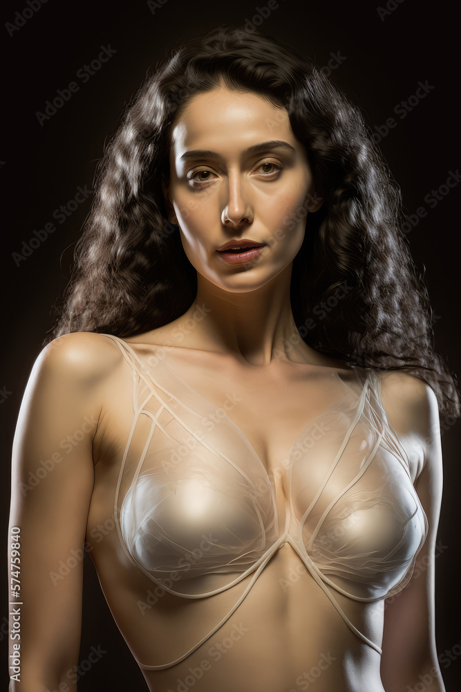 A young adult woman with brown hair styled in a unique portrait pose, wearing sexy lingerie, looking directly into the camera against a dark studio backdrop. generative AI A young adult woman with brown hair styled in a unique portrait pose, wearing sexy lingerie, looking directly into the camera against a dark studio backdrop. generative AI