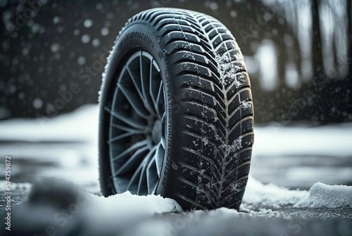 a winter tire with snow in the cold in typical winter weather. Generative AI © wetzkaz