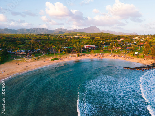 Aerial of Poipu beach during sunset in Kauai Hawaii USA photo