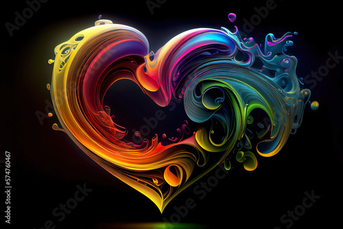 Colorful heart painted with swirl of paint, in dark background, created with Generative AI technology