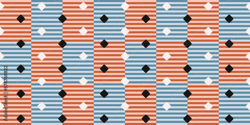 Fototapeta premium Red-blue striped background, black-white polka dots. Print for interior, surfaces, packaging, design.