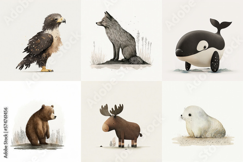 A set of six cute animals  mammal  aquatic mammal  birds from the area of Alaska  USA in watercolor  illustration made with Generative AI