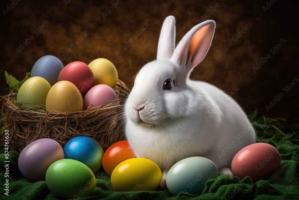 A cheerful white rabbit is sitting surrounded by colorful Easter eggs A cheerful white rabbit is sitting surrounded by colorful Easter eggs