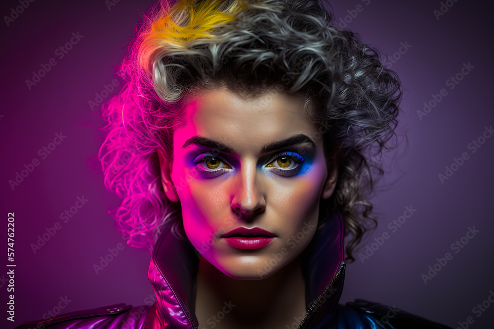 Studio portrait of a young woman in 80's outfit. generative ai Studio portrait of a young woman in 80's outfit. generative ai