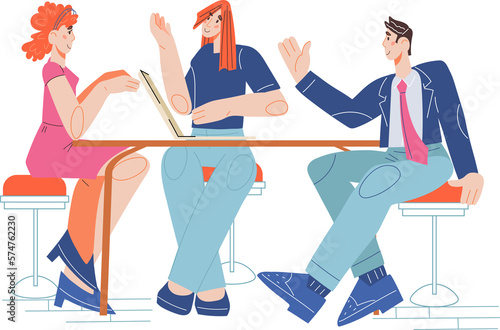 Business meeting and discussion of working issues flat cartoon vector illustration of business people at table. Brainstorming and office work.