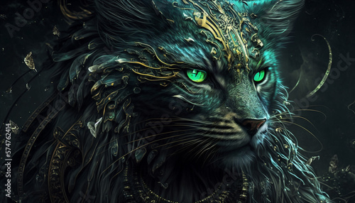 Ancient cat, warrior cat, with malachite decorations. Generative AI