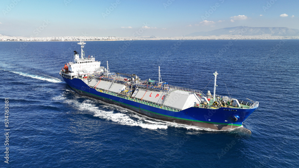 Aerial drone photo of LPG or Liquified Petroleum Gas tanker cruising deep blue Mediterranean sea