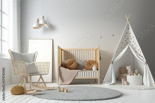 Fotografiet Newborn bedroom with wood cradle, chair, carpet, lamp, wall poster