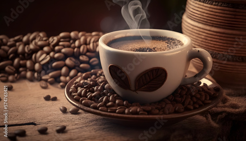 Black coffee in glass cup with coffee beans on wooden table