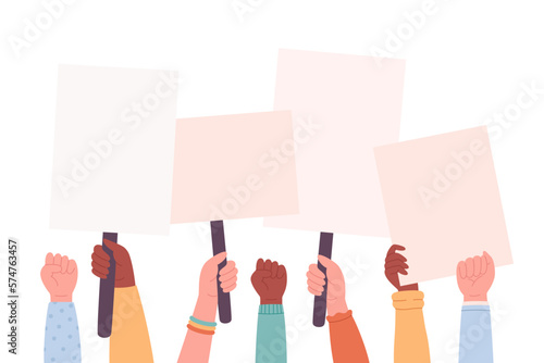 People of different races, nationalities holding banners and placards. Activism, social movement, demonstration. Democracy, rally and protest. Vector illustration in flat style