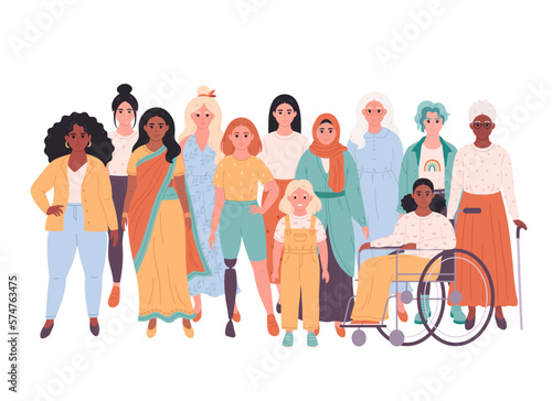 Women of different races, nationalities, ages, body types. International Women's Day. Social diversity of people in modern society. Vector illustration in flat style
