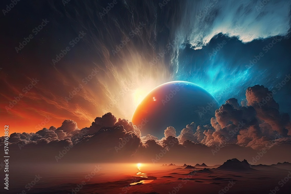 A cosmic sunrise and sunset above Mars. Generative AI