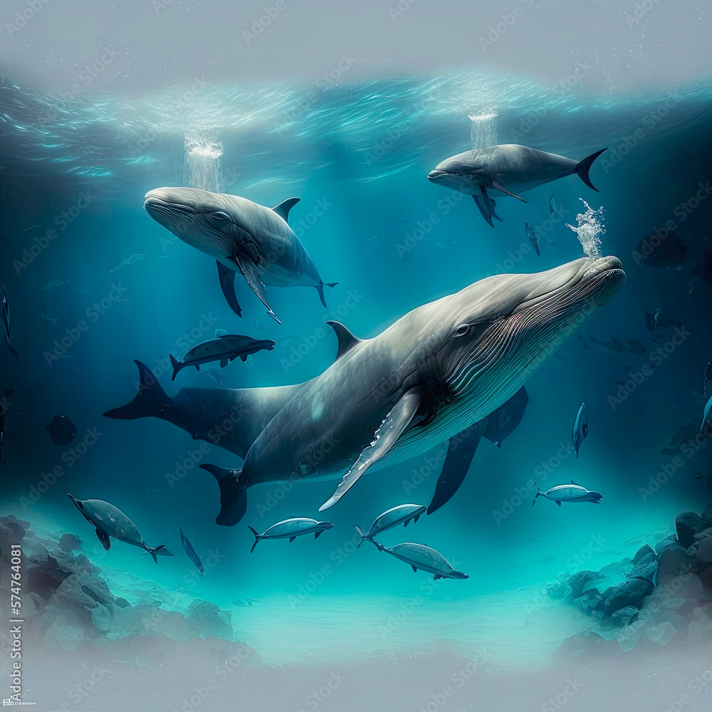 Obraz premium Artificial intelligence illustration of several whales playing in the water