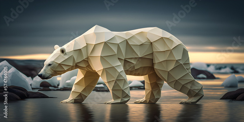 Fototapeta Naklejka Na Ścianę i Meble -  Wonderful origami polar bear. Amazing origami animals. Beautiful abstract surreal geometric animal concept, contemporary colors and mood social background. Created with Generative AI