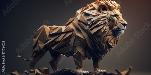 Fototapeta Naklejka Na Ścianę i Meble -  Wonderful origami of the lion king. Amazing origami animals. Beautiful abstract surreal geometric animal concept, contemporary colors and mood social background. Created with Generative AI
