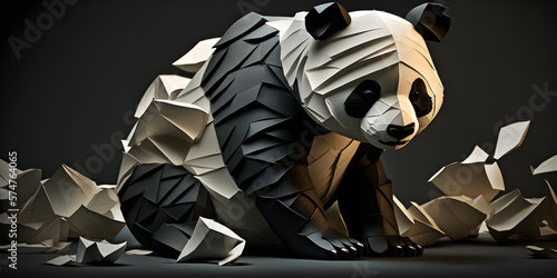 Fototapeta Naklejka Na Ścianę i Meble -  Wonderful origami pandas. Amazing origami animals. Beautiful abstract surreal geometric animal concept, contemporary colors and mood social background. Created with Generative AI