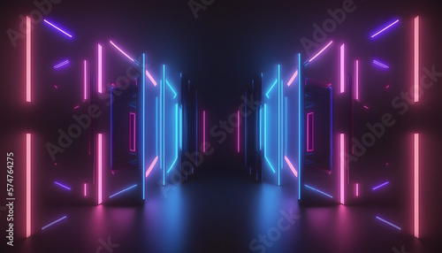 Futuristic Sci-Fi Abstract Blue And Purple Neon Light Shapes On Black Background With Empty Space For Text 3D Rendering Illustration. 