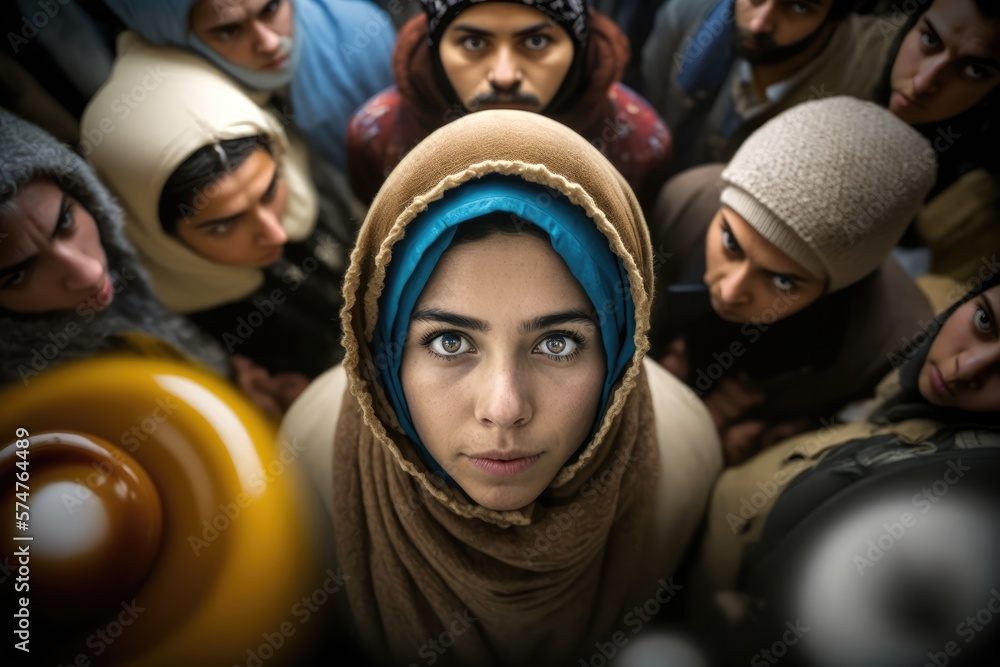 Muslim woman at a middle eastern city street market looking at the camera. generative AI