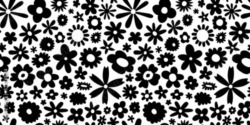 Black and white floral seamless pattern illustration. Vintage 70s style hippie flower background design. Monochrome color artwork  y2k nature backdrop with spring flowers.