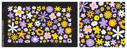 Trendy floral print illustration. Set of vintage 70s style flowers on isolated background. Colorful pastel color groovy artwork collection, y2k nature poster with spring plants.