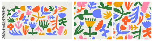 Abstract colorful flower drawing illustration set. Funny children art style floral doodle cartoon pattern collection, hand drawn basic nature shapes on isolated background.