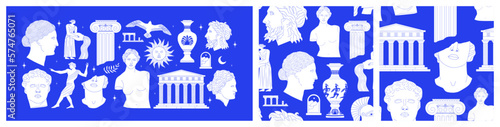 Set of ancient greek statue and classic vintage monument shapes pattern in blue color. Greece culture antique illustration collection. Historical flat cartoon drawing bundle.