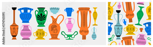Classical greek vase decoration cartoon pattern illustration set. Colorful trendy museum jar background print collection, ancient pottery doodle wallpaper.