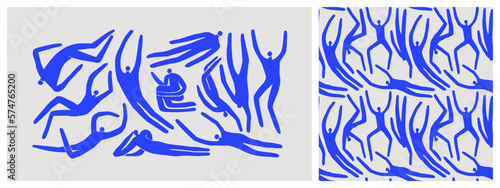 Abstract blue people body pattern illustration set. Vintage collage style figure background collection of men and women in diverse poses.