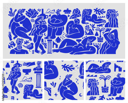 Abstract blue people seamless pattern set. Background illustration collection of woman figures, contemporary matisse art female wallpaper bundle. Backdrop design for fashion fabric or modern print.