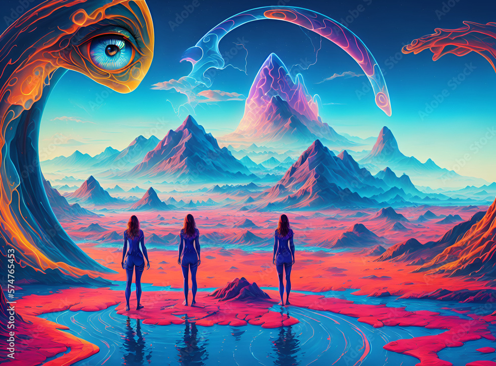 Colorful psychic waves of three women entering dreamland world. AI Generative Illustrations - obrazy, fototapety, plakaty 