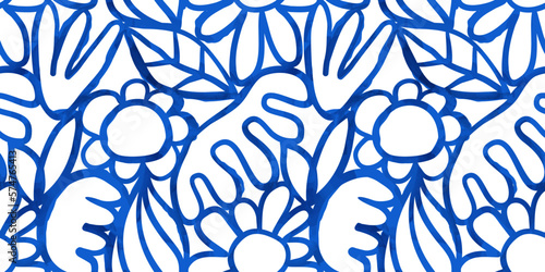 Abstract watercolor flower nature art seamless pattern illustration. Modern hand drawn floral painting, spring acrylic paint drawing background. Blue color flowers wallpaper print.