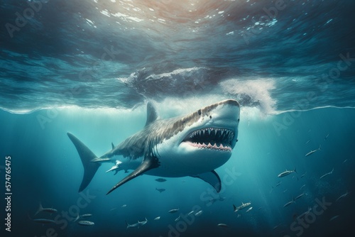 A great white shark flowing through the ocean while hunting. AI generated