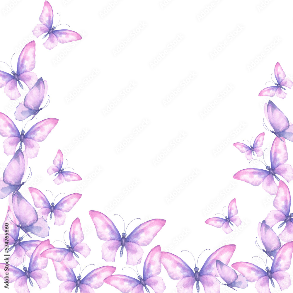 Watercolor illustration with delicate butterflies are pink, purple flying in the stream. For the design and decoration of frames, banners, postcards, certificate