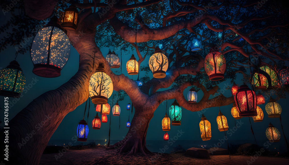Vivid Night Photo Of Many Illuminated Lanterns Hanging From A Tree, Night wedding ceremony with a lot of vintage lamps and candles on big tree- generative ai