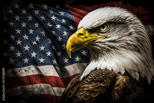 Patriotic illustration with an eagle portrait on the background of the United States flag in vintage style. Generative ai