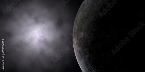 Fototapeta Naklejka Na Ścianę i Meble -  Triton, natural satellite of Neptune, rotating with spatial nebula. 3d render