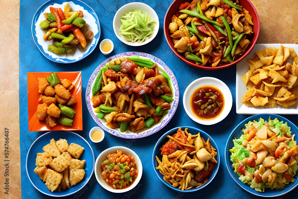 A diverse selection of delicious Chinese food items are artfully arranged on a table, ai generated