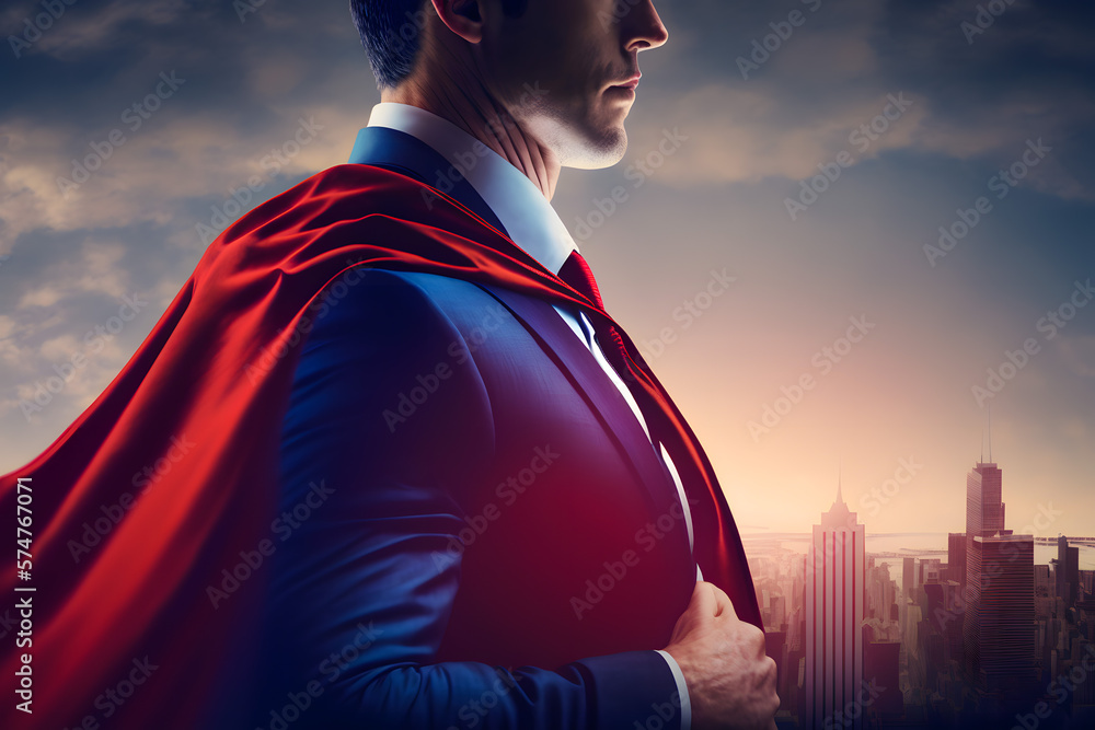 Successful businessman savior in business suit with a superhero red ...