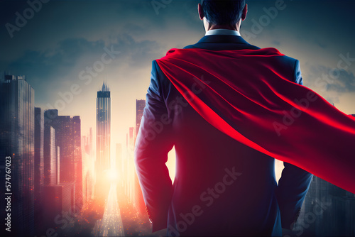 Successful businessman savior in business suit with a superhero red cape stands proudly against the backdrop of the skyscrapers of the business district of metropolis. Back view. Generative AI photo