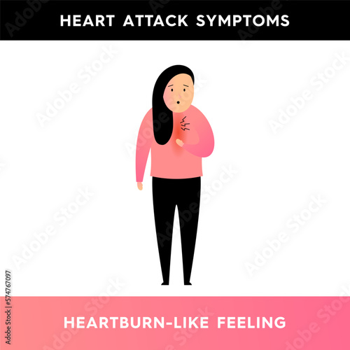 Vector illustration of a girl who has heartburn in her chest. The person has symptoms of a heart attack. Discomfort or feeling of heartburn. Illustration for medical articles, posters, stands.