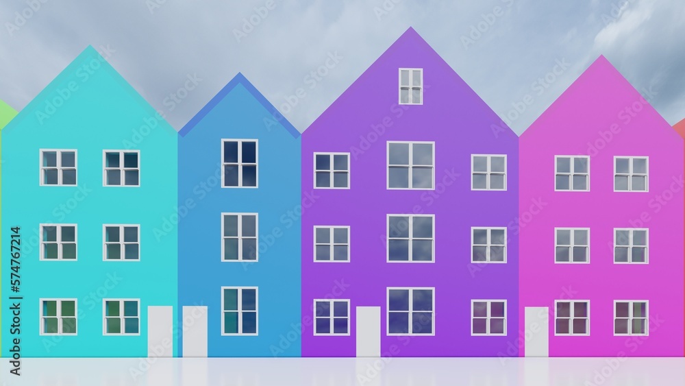 Architecture background, facade of colorful houses 3d render