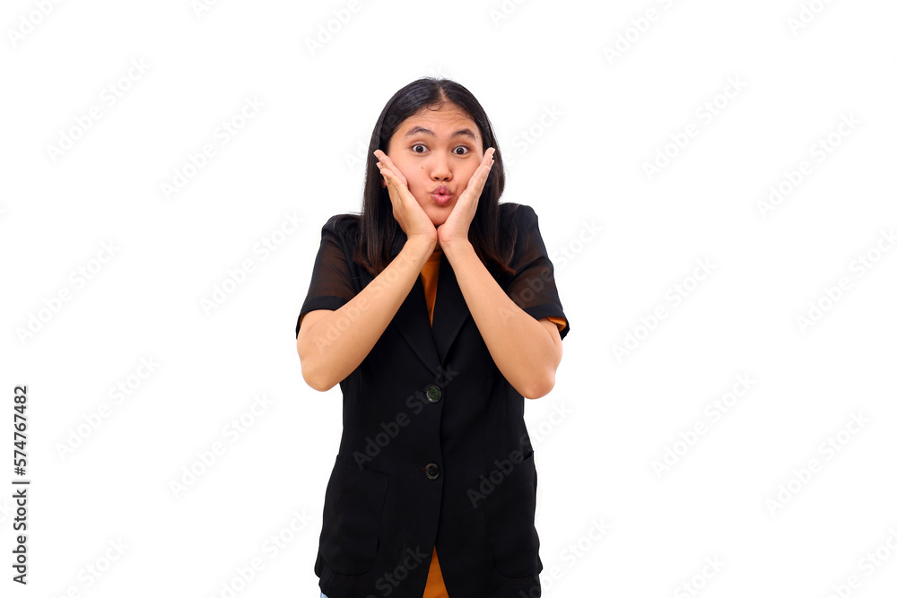 Funny expression of young asian business woman standing against Funny expression of young asian business woman standing against