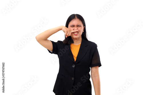 Young asian business woman covering her nose. Bad smell concept.