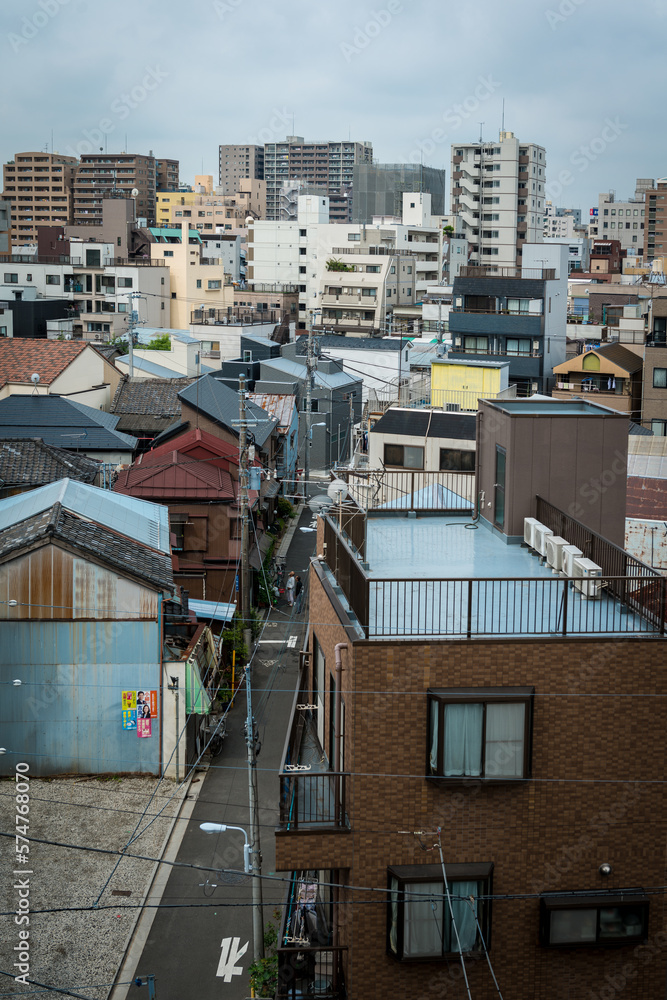 Tokyo Shitamachi and crowded urban homes closely built together
